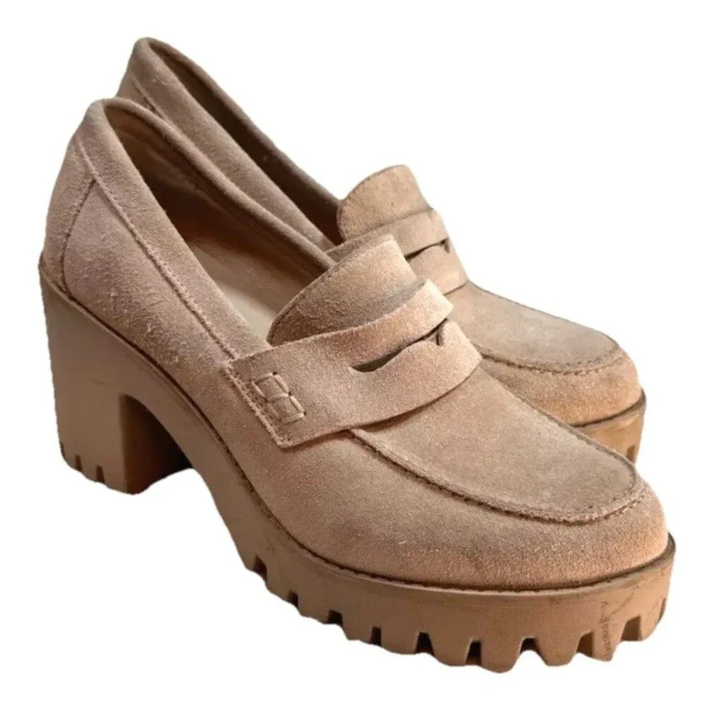 Steve Madden Binary Size 10 Tan Suede Platform Penny Loafers Y2K‎ Chunky
